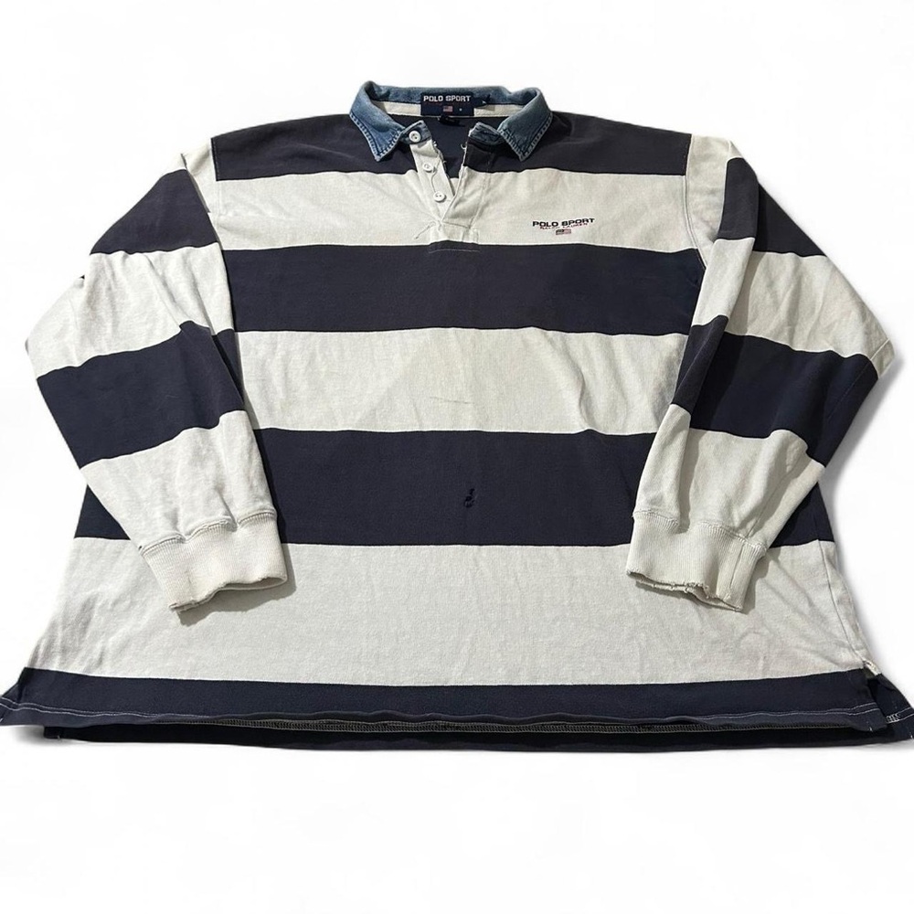Vintage 90s Polo Sport Striped Denim Collar Rugby Polo Distressed Size XL